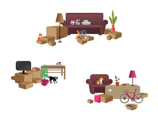 Cardboard boxes with household items, furniture, interior items, houseplants and pets. Packed for moving to a new place of residence things. Vector illustration set isolated on white background.