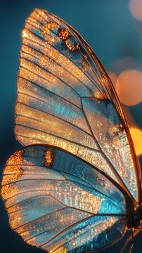Close-up of a butterfly wing with intricate patterns and vibrant colors under backlighting