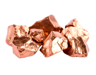 A collection of metallic copper ore fragments, presented on a clear background.
