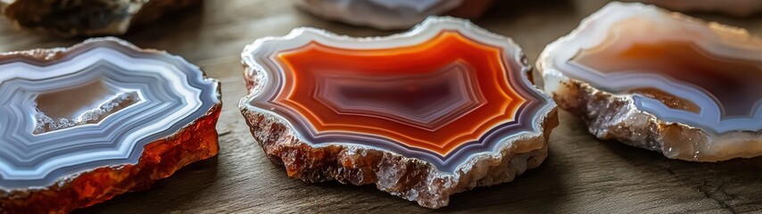 Vibrant Agate Slices Group Displayed on Dark Surface