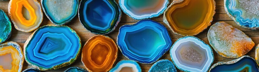 Agate Slices Arranged in Circular Pattern on Textured Background