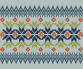 A floral-inspired ikat design presented in pixel style, featuring light blue, navy, and soft olive tones with red accents. Blends traditional motifs with playful geometry.
