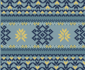 A serene ikat-style design in soft blue hues with navy and yellow star-like motifs. This pixel interpretation of traditional patterns gives a handcrafted, cozy vibe, suitable for print or textile use.
