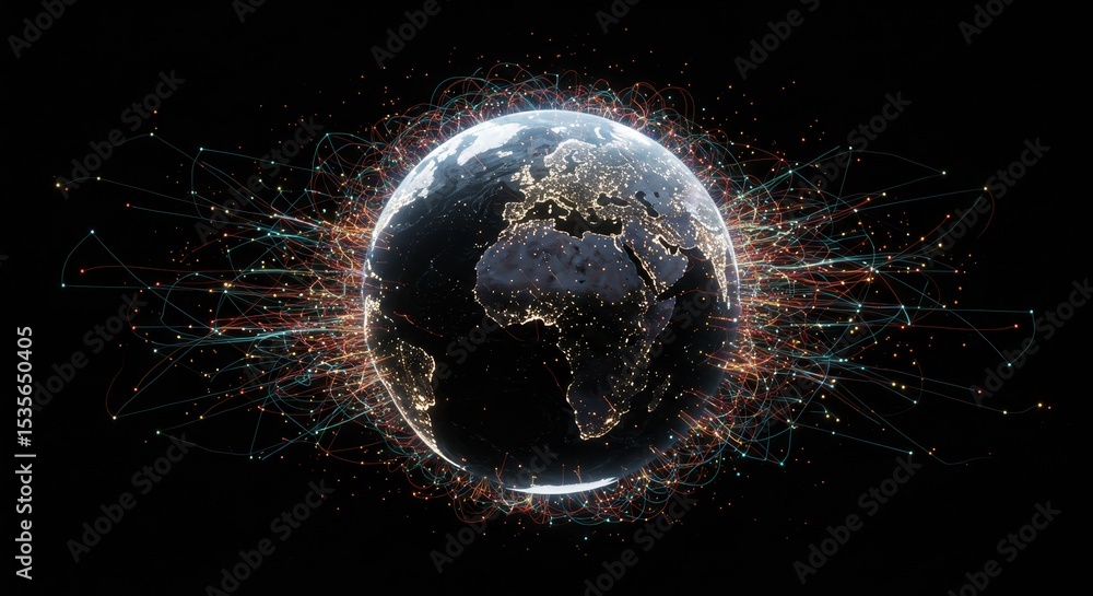Poster global network connections - illuminated earth globe surrounded by glowing network connections, symb