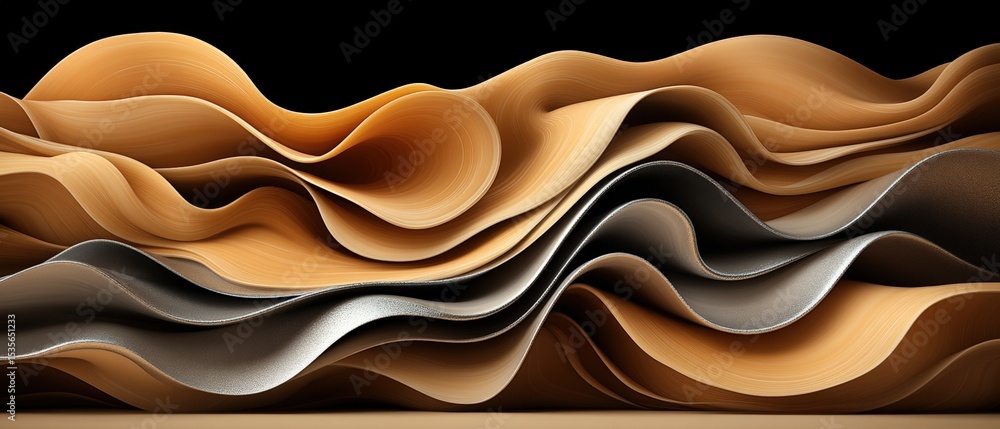 Poster abstract layered material with flowing curves in shades of beige black and gray creating a textured 