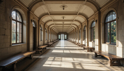 Long Corridor Interior With Natural Light Shining Through Windows And Benches on Sides	
