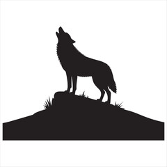 Silhouette of a Howling Wolf Standing on a Hill Isolated