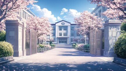 Peaceful school entrance on a spring day.