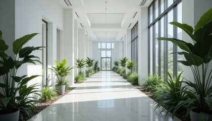 Obraz premium Modern Architectural Interior Hallway With Large Windows and Green Plants in White Space 