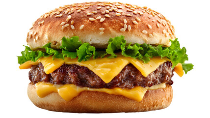 A deliciously appetizing cheeseburger on a sesame seed bun with fresh lettuce and melted cheese on a background