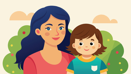 Charming Illustration of Mother with Blue Hair and Daughter in Front of Trees