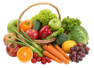 Fresh organic fruits and vegetables basket healthy eating concept for food blog and recipe website