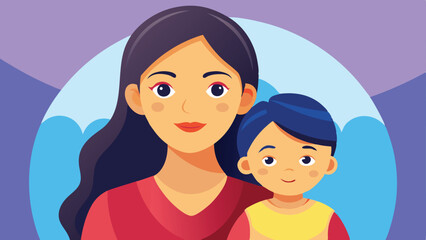 Cartoon of a Mother and Son Smiling Against a Gradient Purple Background