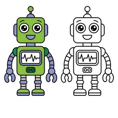 Friendly Cartoon Robot in Color and Outline