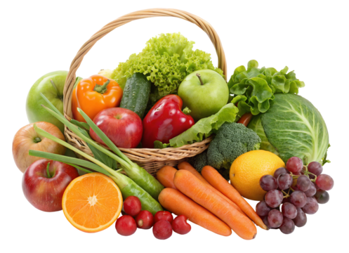 Fresh organic fruits and vegetables basket healthy eating concept for food blog and recipe website