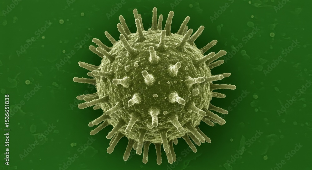 Poster microscopic view of spherical pathogen - a microscopic depicting a spherical pathogen with numerous 
