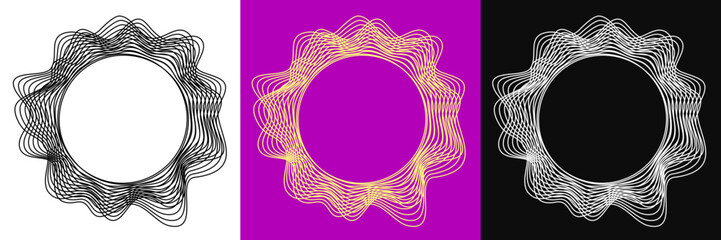 Halftone wave lines in circle frame. Modern abstract shapes. Waves in circle square frame. Spiral black form on black and white background - vector for stock