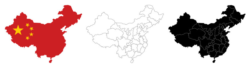 Flag of China, China country silhouette set, China map with administrative division