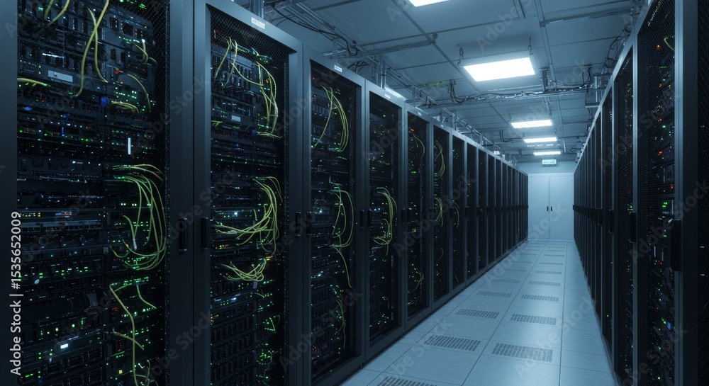 Aufkleber modern data center server room - rows of servers in a modern data center, showcasing advanced techno