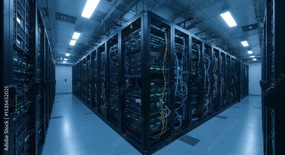 Poster modern data center server room - rows of servers in a modern data center, showcasing advanced techno
