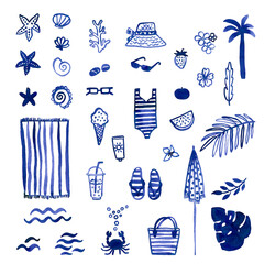 Hand drawn watercolour summer illustration of coastal resort stuff, vacation vibe. Use as print, poster, element design, textile, label, stocker, tattoo.