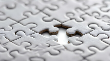 Close Up Of White Puzzle Pieces With Missing Piece On a Plain Background