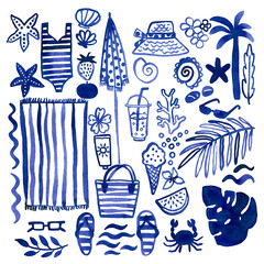 Hand drawn watercolour summer illustration with beach stuff, swimsuit, towel, hat, flip-flops, bag, shells, coastal resort vibe. Use as print, poster, element design, textile, label, sticker, tattoo.