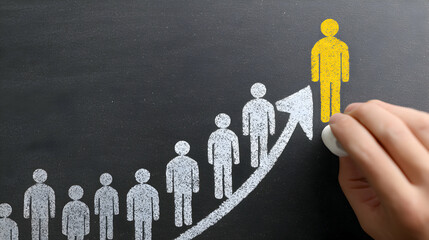 Hand-Drawn Arrow and Human Figures Illustrating Growth and Leadership on Dark Surface