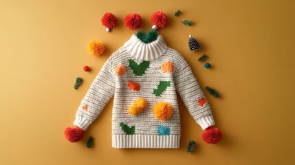 Obraz premium Adorable handmade knitted Christmas sweater with colorful pom poms and festive decorations on yellow background