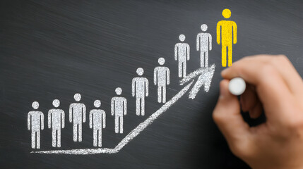 Hand Drawn Chalkboard Illustration of Teamwork and Leadership with White and Yellow Figures