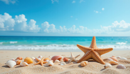 Orange Starfish and Assorted Seashells on Sandy Beach with Blue Gradient Background	
