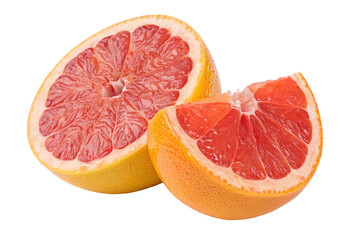 Fresh sliced grapefruit halves on black background for healthy eating and citrus fruit recipes ideas