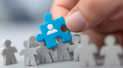 Hand Placing Blue Puzzle Piece Above Grey Figures Symbolizing Teamwork
