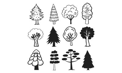 Fototapeta premium Collection of various tree illustrations in black and white