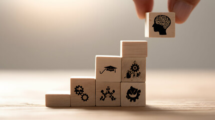 Hand Placing Brain Icon Block on Wooden Blocks Concept of Intelligence