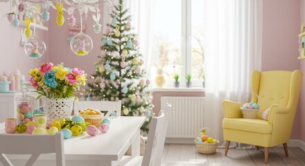 Pastel Easter Dining Room Decor - A bright and cheerful Easter dining room, decorated with pastel colors, flowers, and Easter eggs. A pastel Christmas tree adds to the festive atmosphere