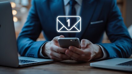 Closeup Man Dark Blue Suit Holding Smartphone One New Email Notification image