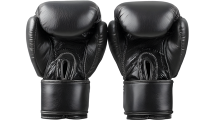 Professional close up of two black boxing gloves on a isolated on white transparent background ideal for sports fitness or martial arts concepts