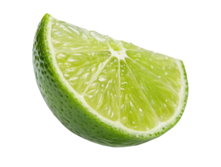 Isolated lime wedge fresh citrus fruit for cocktail garnish and healthy eating ingredient close up macro view