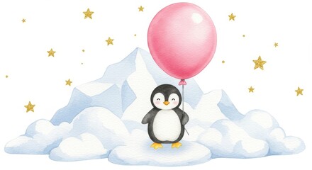 Penguin with Pink Balloon on Ice Mountain - Adorable watercolor illustration of a penguin holding a pink balloon on a snowy mountain with stars, perfect for children's books, cards, or prints