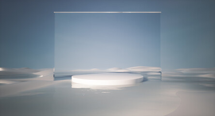Summer 3d landscape background with white podium and mirror arch frame.