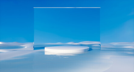 Summer 3d landscape background with white podium and mirror arch frame.