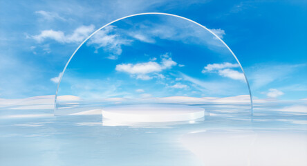 Summer 3d landscape background with white podium and mirror arch frame.