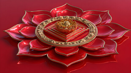Red Lotus Flower Design With Golden Details on a Red Surface Art