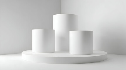 Three White Cylindrical Pedestals On Platform In Minimalist Setting