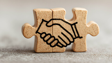 Puzzle Pieces Forming A Handshake Symbol Representing Business Partnership On Blurred Background