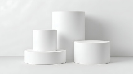 White Cylindrical Pedestals Display Against Plain White Background Studio Shot