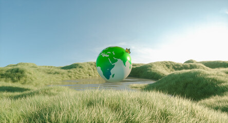 Natural 3d landscape background with green globe. Sustainable technology concept