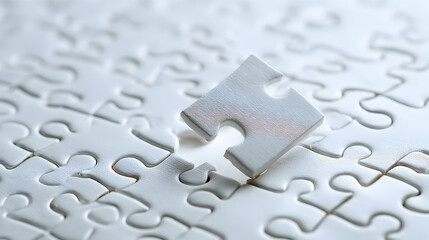 White Puzzle With Single Elevated Piece Emphasizing Solution Concept on White Background