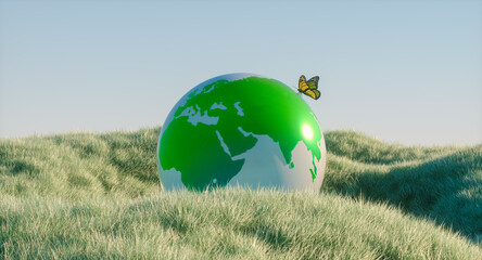 Natural 3d landscape background with green globe. Sustainable technology concept
